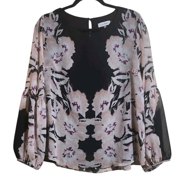 Calvin Klein Women's M Floral Chiffon Blouse Peasant Top Black Long Flowy Sleeve - Picture 10 of 12